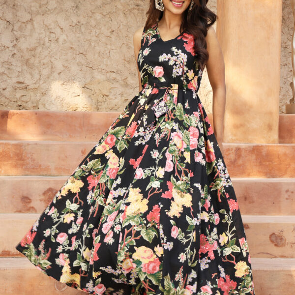 Black Cotton Ankle Length Printed Flared V-Neck Dress