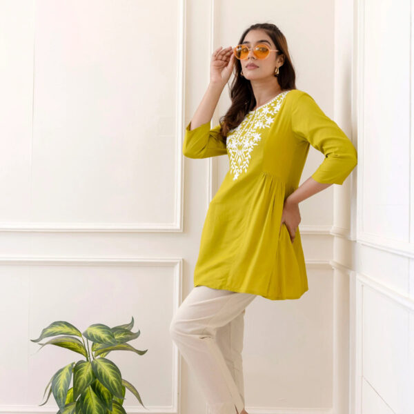 Lime Rayon Hip Length Solid Round Neck Solid Embroidered Straight Top