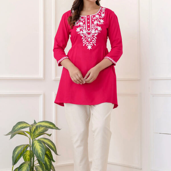 Rani Rayon Hip Length Solid Round Neck Solid Embroidered Straight Top