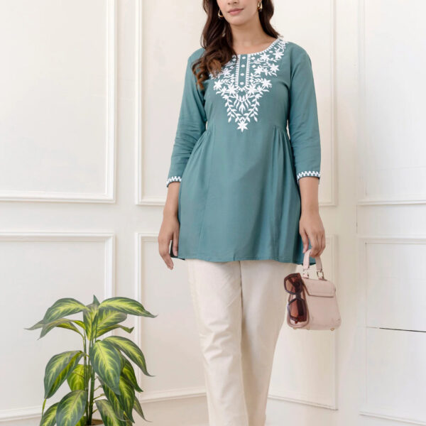 Skyblue Rayon Hip Length Solid Round Neck Solid Embroidered Straight Top