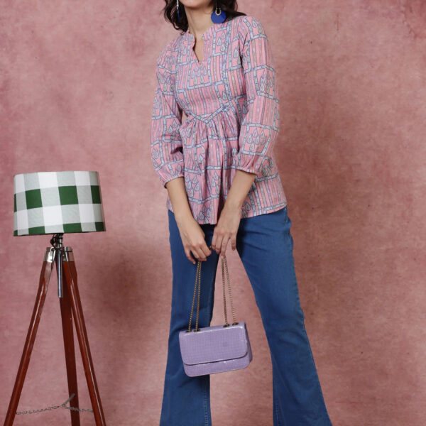 Rayon Short Length Length Printed Regular 3_4 Sleeves Mandarin Top