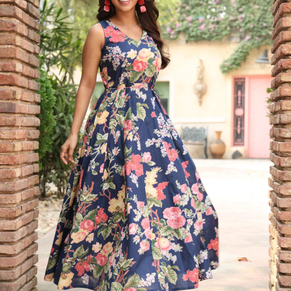 Blue Cotton Ankle Length Printed Flared V-Neck Dress