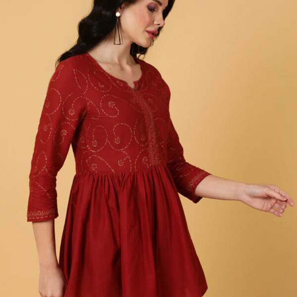 Cotton Midi Length Printed Flared 3_4 Sleeves Round Top