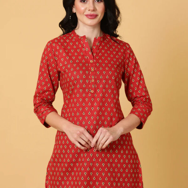 Cotton Midi Length Printed Straight 3_4 Sleeves Mandarin Top