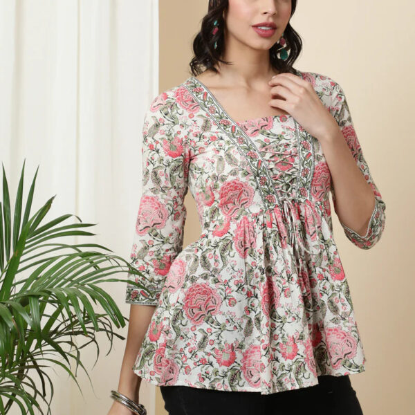 Cotton Short Length Length Printed Flared 3_4 Sleeves Square Top