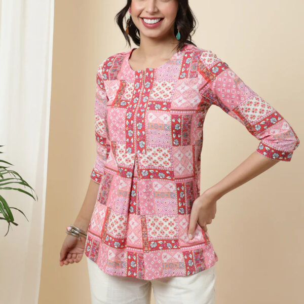 Cotton Short Length Length Printed Regular 3_4 Sleeves Round Top