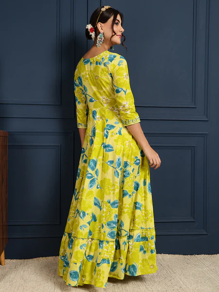 Yellow Cotton Ankle Length Printed Flared V-Neck Dress